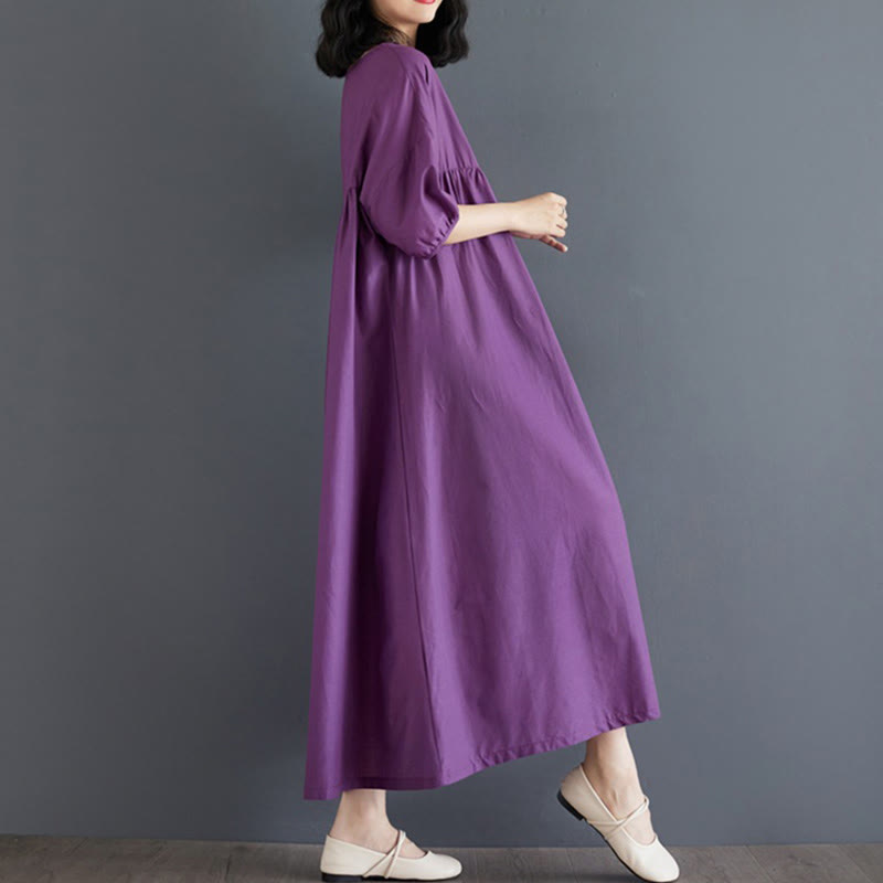 Buddha Stones Casual Solid Color Pleated Design Crew Neck Half Puff Sleeve Cotton Maxi Dress