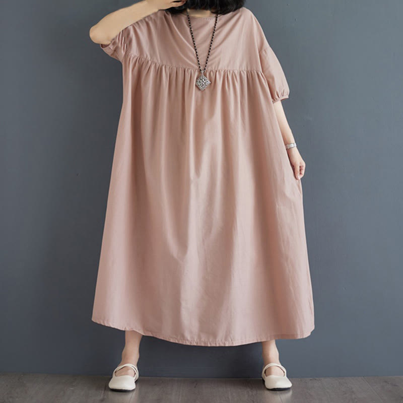 Buddha Stones Casual Solid Color Pleated Design Crew Neck Half Puff Sleeve Cotton Maxi Dress