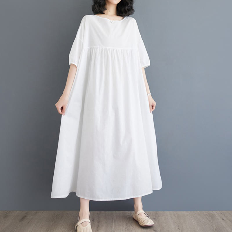 Buddha Stones Casual Solid Color Pleated Design Crew Neck Half Puff Sleeve Cotton Maxi Dress