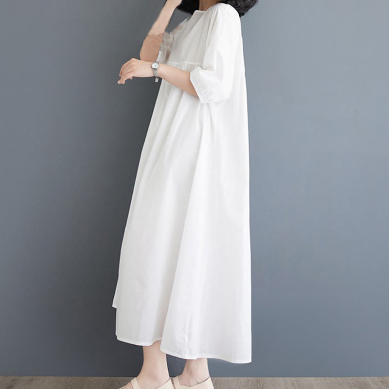 Buddha Stones Casual Solid Color Pleated Design Crew Neck Half Puff Sleeve Cotton Maxi Dress