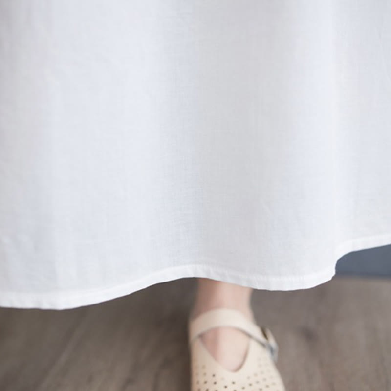 Buddha Stones Casual Solid Color Pleated Design Crew Neck Half Puff Sleeve Cotton Maxi Dress