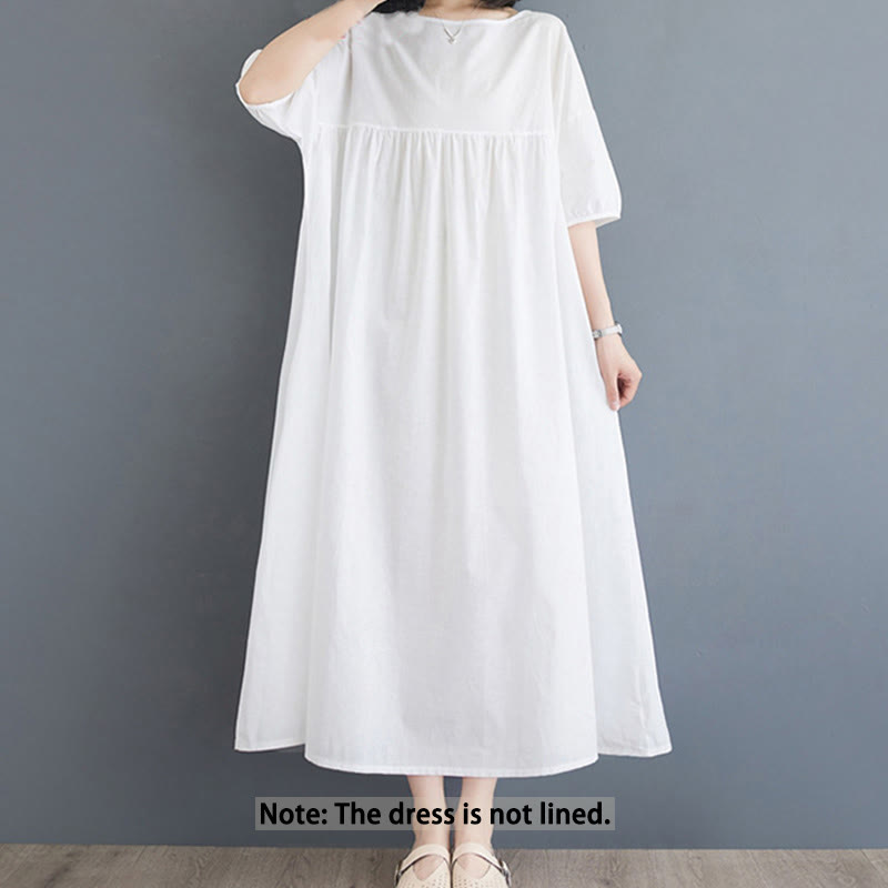 Buddha Stones Casual Solid Color Pleated Design Crew Neck Half Puff Sleeve Cotton Maxi Dress