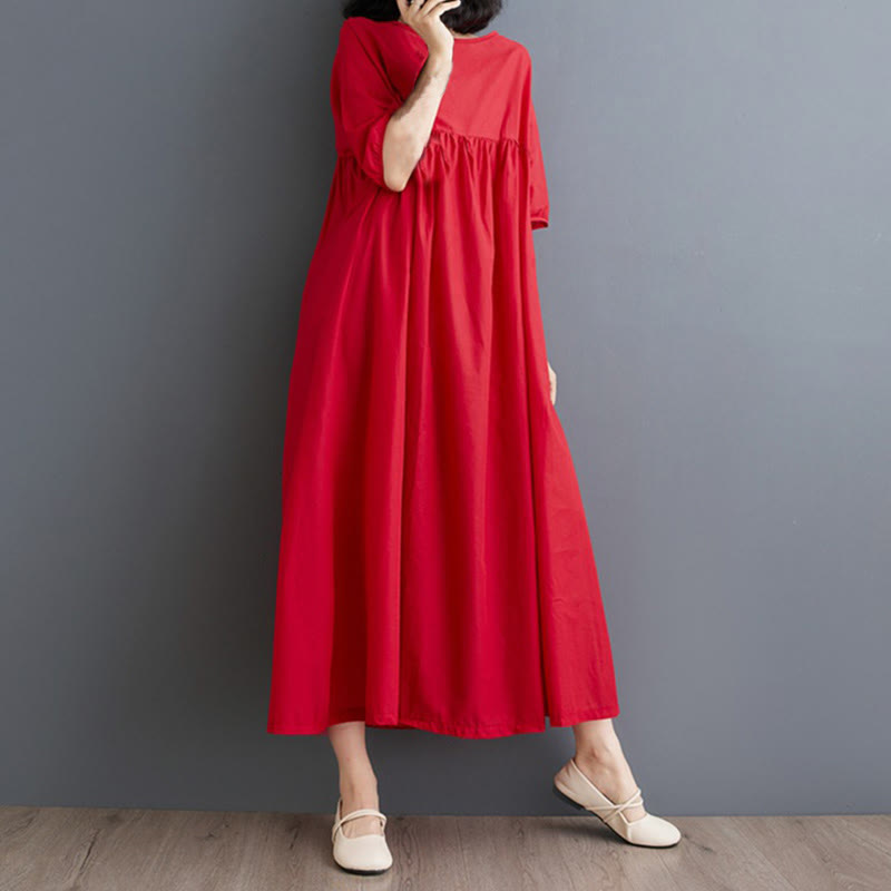 Buddha Stones Casual Solid Color Pleated Design Crew Neck Half Puff Sleeve Cotton Maxi Dress