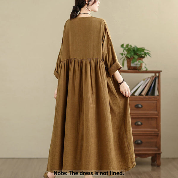 Buddha Stones Vintage Casual Pure Color Long Sleeve Cotton Linen Maxi Dress With Pockets