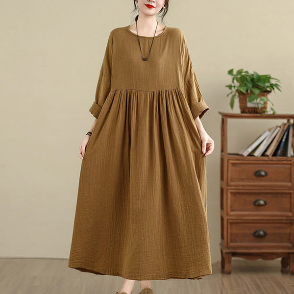 Buddha Stones Vintage Casual Pure Color Long Sleeve Cotton Linen Maxi Dress With Pockets
