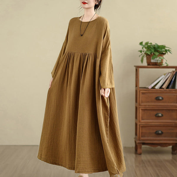 Buddha Stones Vintage Casual Pure Color Long Sleeve Cotton Linen Maxi Dress With Pockets