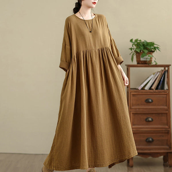 Buddha Stones Vintage Casual Pure Color Long Sleeve Cotton Linen Maxi Dress With Pockets