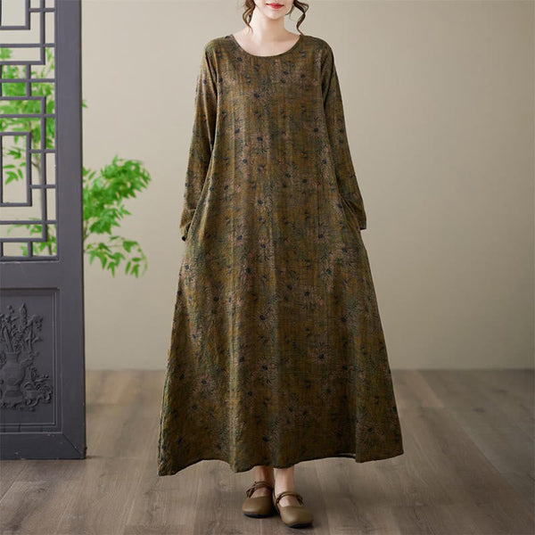 Buddha Stones Vintage Olive Printing Flower Long Sleeve Cotton Linen Maxi Dress With Pockets