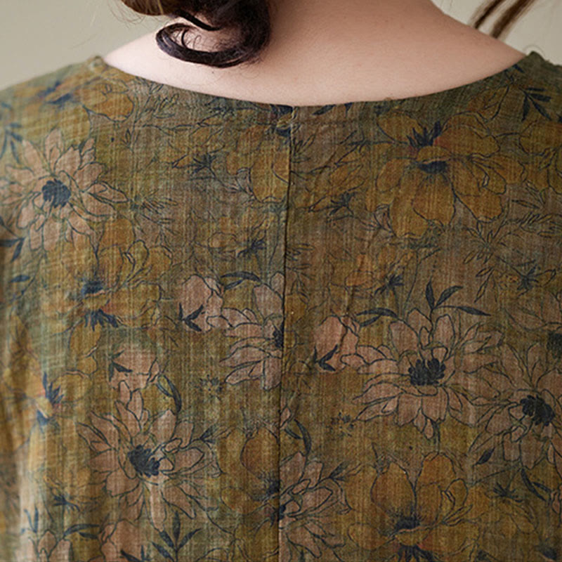 Buddha Stones Vintage Olive Printing Flower Long Sleeve Cotton Linen Maxi Dress With Pockets