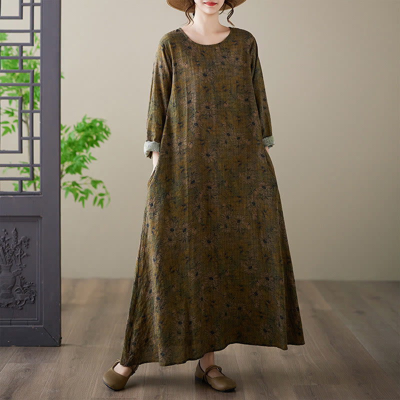 Buddha Stones Vintage Olive Printing Flower Long Sleeve Cotton Linen Maxi Dress With Pockets
