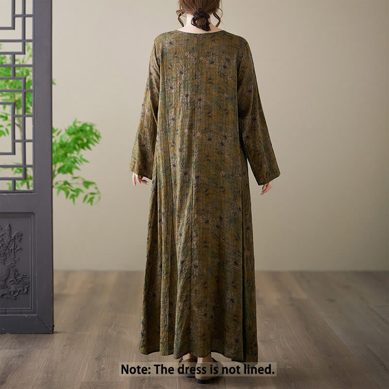 Buddha Stones Vintage Olive Printing Flower Long Sleeve Cotton Linen Maxi Dress With Pockets