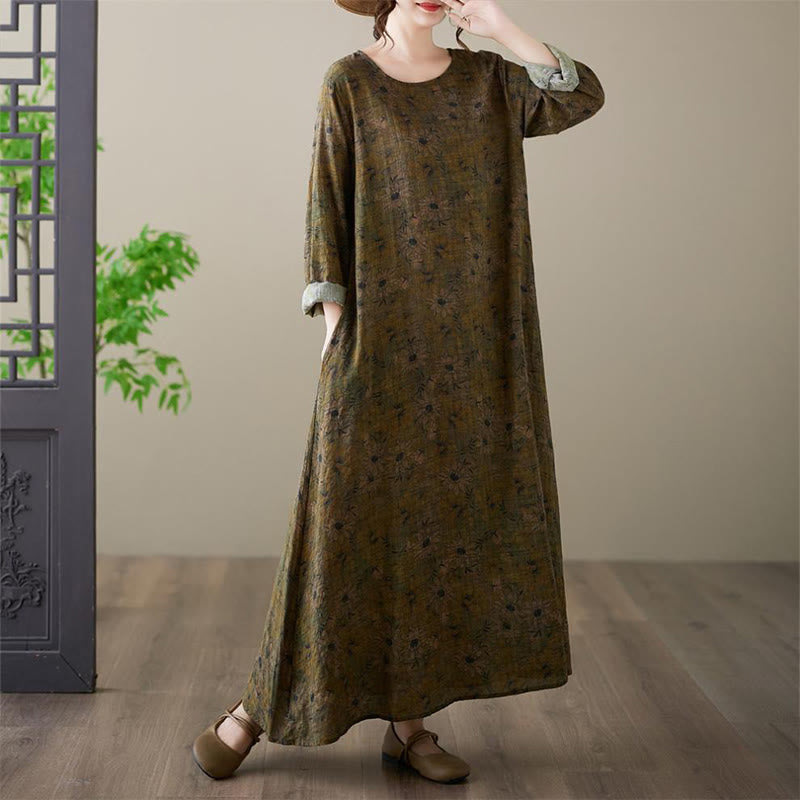Buddha Stones Vintage Olive Printing Flower Long Sleeve Cotton Linen Maxi Dress With Pockets