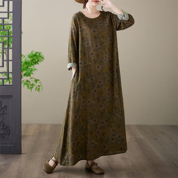 Buddha Stones Vintage Olive Printing Flower Long Sleeve Cotton Linen Maxi Dress With Pockets