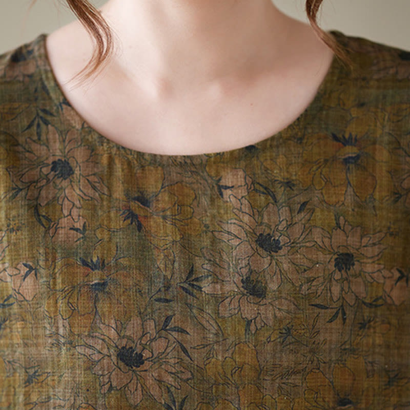 Buddha Stones Vintage Olive Printing Flower Long Sleeve Cotton Linen Maxi Dress With Pockets