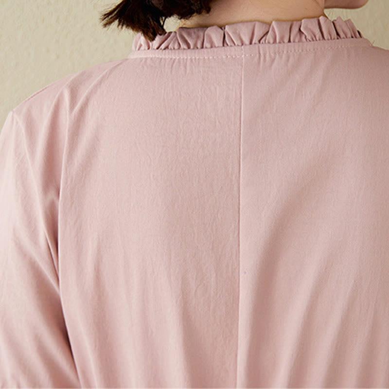 Buddha Stones Three-Dimensional Flower Design Ruffled Neck Cotton Linen Maxi Dress With Pockets