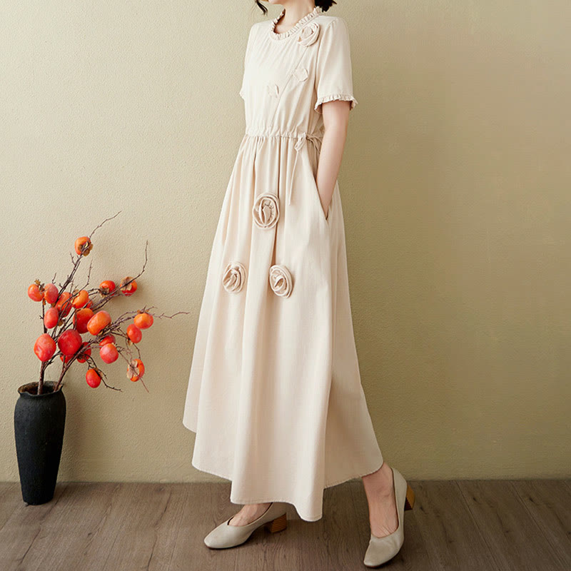 Buddha Stones Three-Dimensional Flower Design Ruffled Neck Cotton Linen Maxi Dress With Pockets