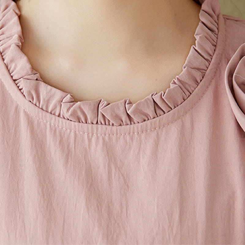 Buddha Stones Three-Dimensional Flower Design Ruffled Neck Cotton Linen Maxi Dress With Pockets