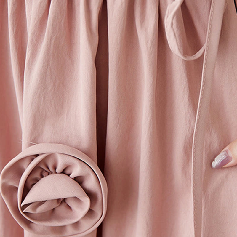 Buddha Stones Three-Dimensional Flower Design Ruffled Neck Cotton Linen Maxi Dress With Pockets