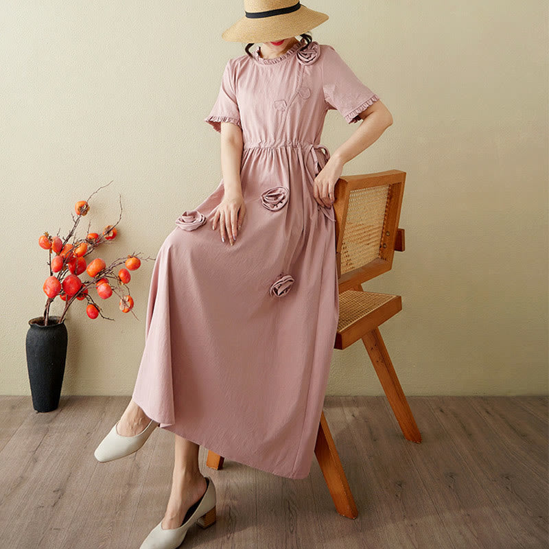 Buddha Stones Three-Dimensional Flower Design Ruffled Neck Cotton Linen Maxi Dress With Pockets