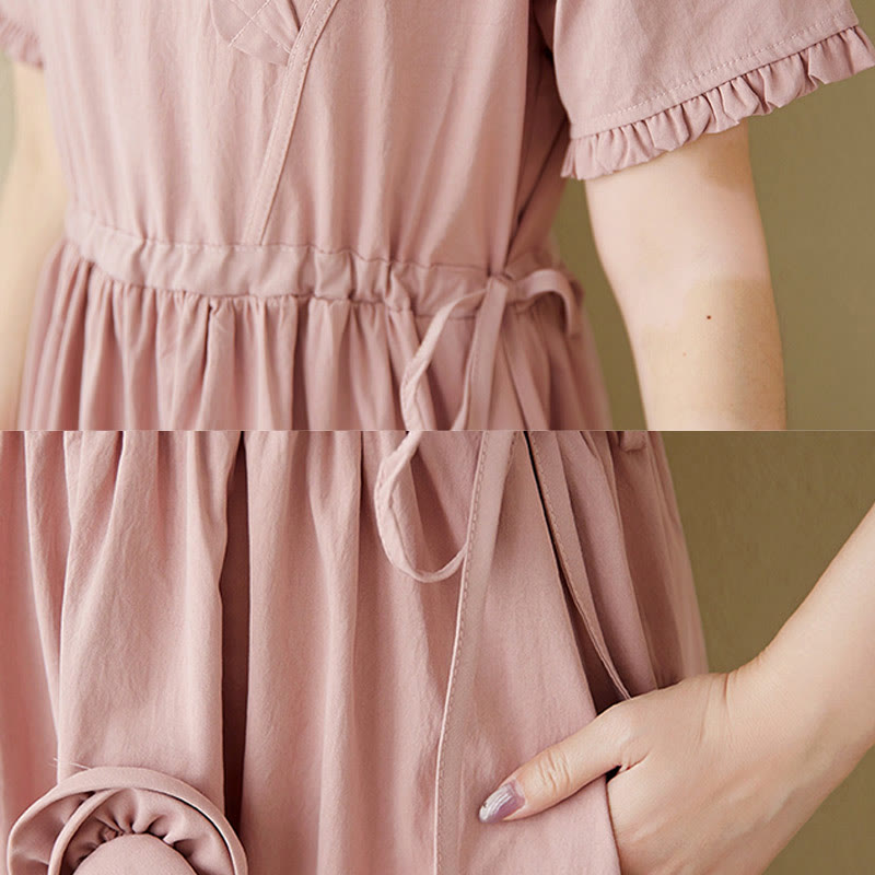 Buddha Stones Three-Dimensional Flower Design Ruffled Neck Cotton Linen Maxi Dress With Pockets