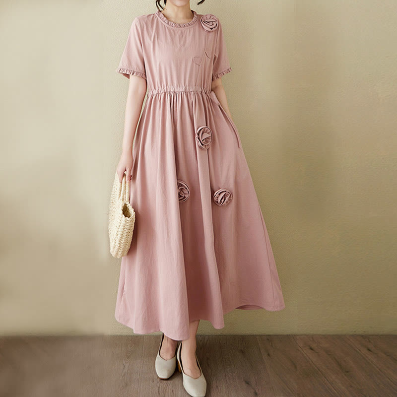 Buddha Stones Three-Dimensional Flower Design Ruffled Neck Cotton Linen Maxi Dress With Pockets