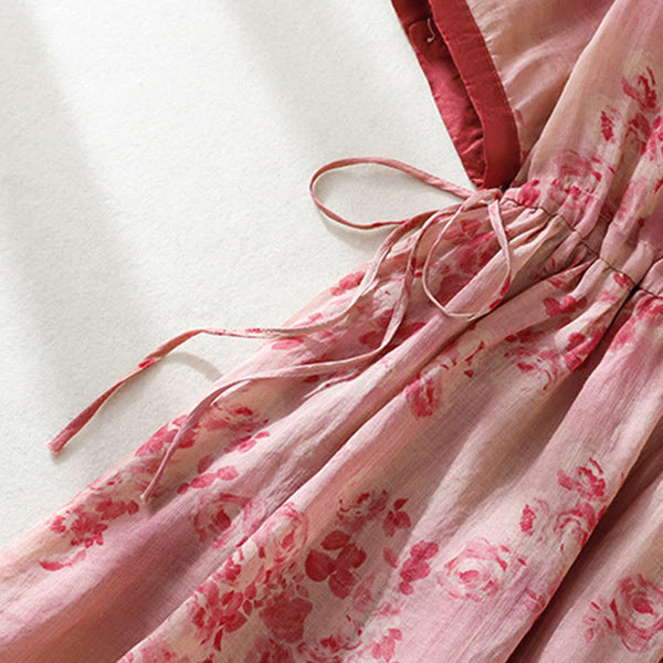 Buddha Stones Retro Printing Buttons Design Drawstring High Waist Cotton Midi Dress With Pockets