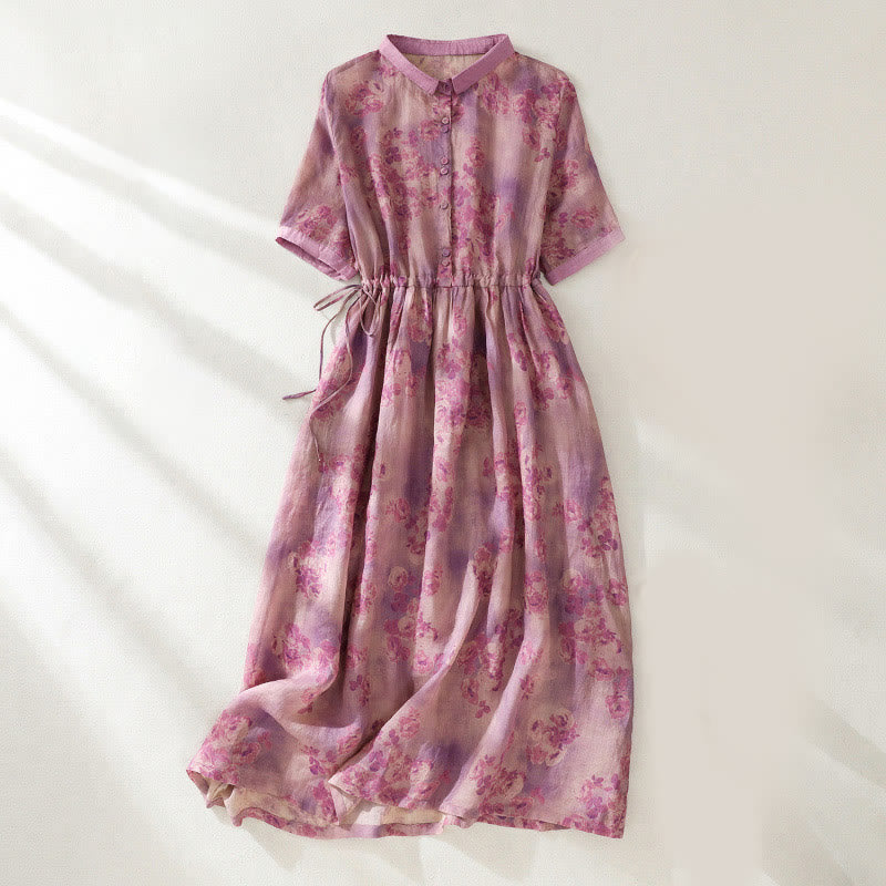 Buddha Stones Retro Printing Buttons Design Drawstring High Waist Cotton Midi Dress With Pockets