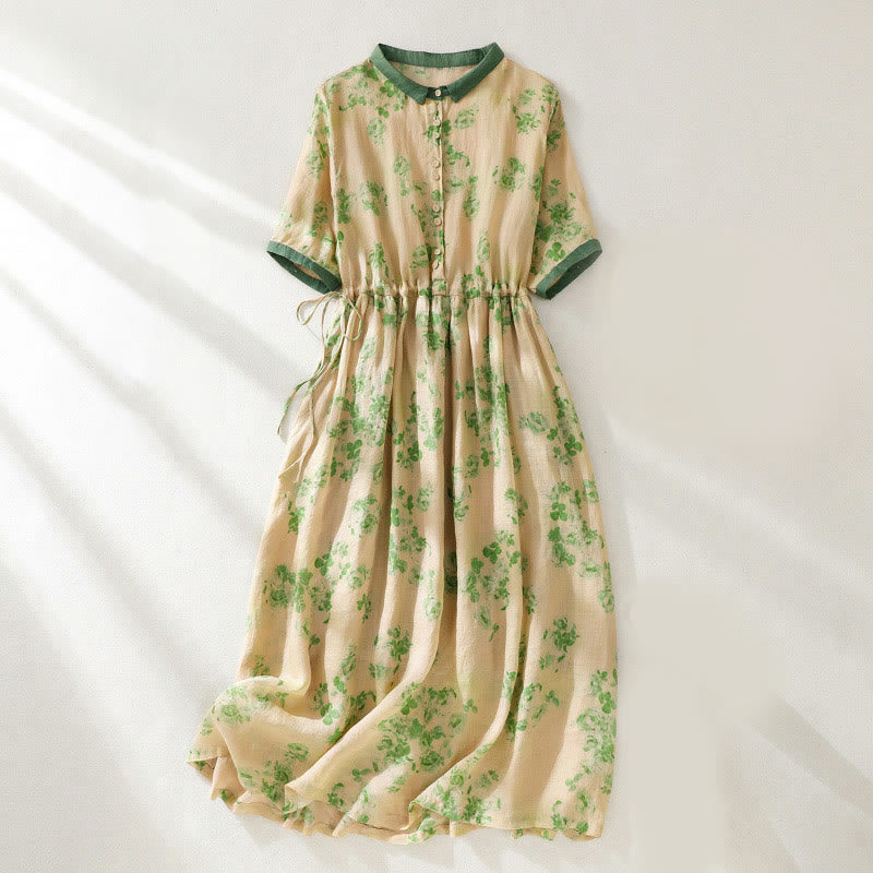 Buddha Stones Retro Printing Buttons Design Drawstring High Waist Cotton Midi Dress With Pockets