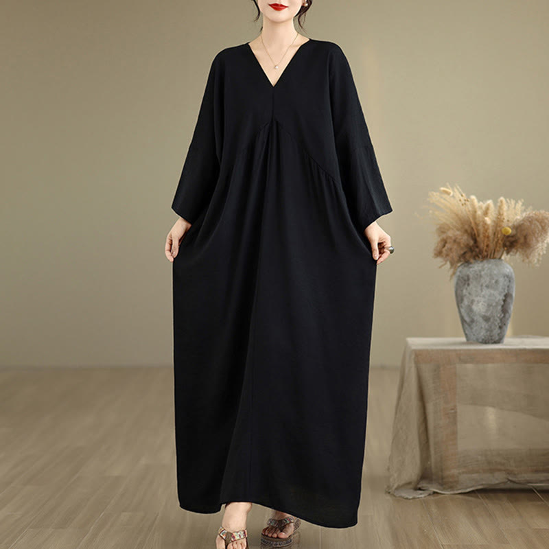 Buddha Stones Fall Casual V-Neck Long Sleeve Cotton Maxi Dress
