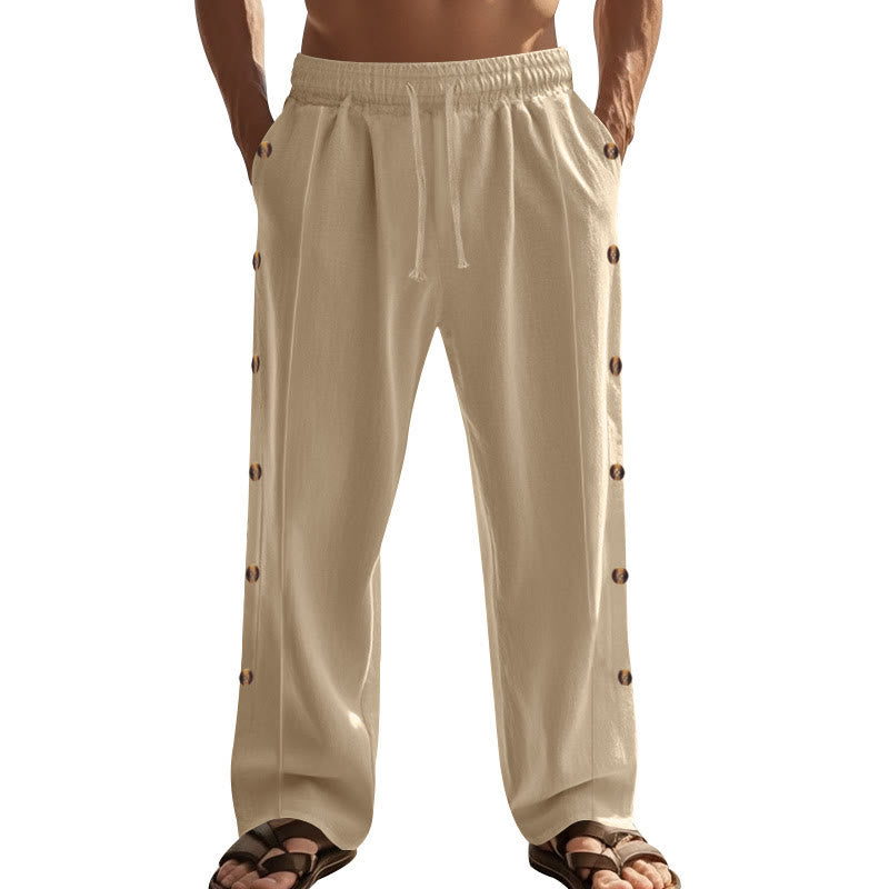 Buddha Stones Solid Color Side Buttons Men's Cotton Pants With Pockets
