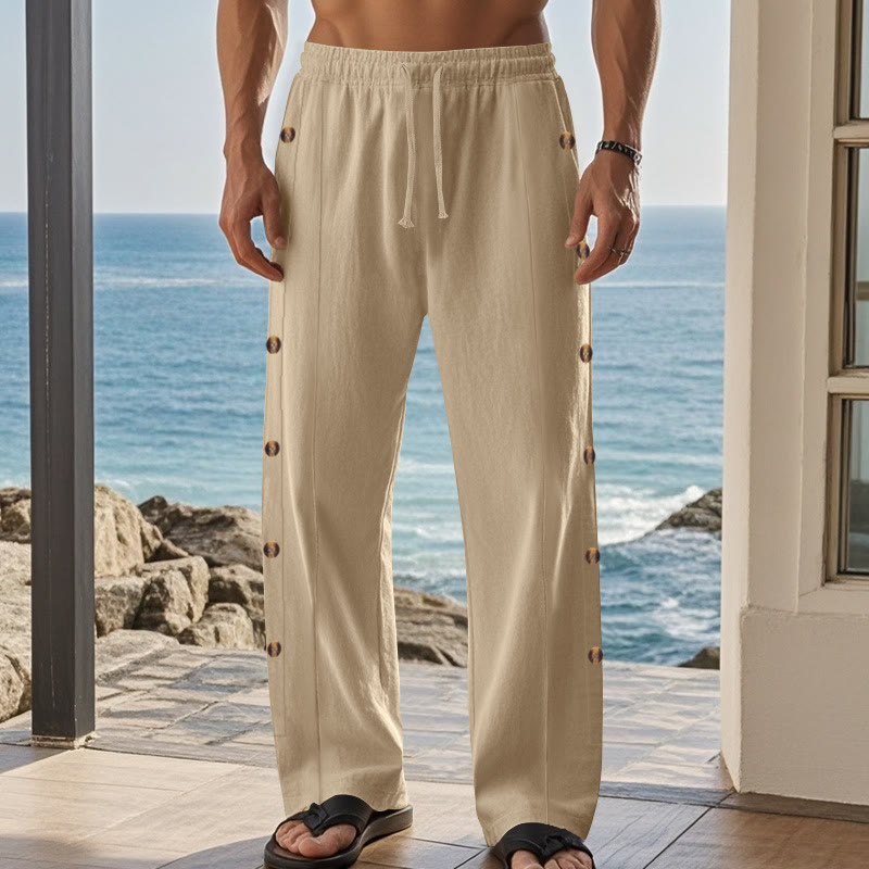 Buddha Stones Solid Color Side Buttons Men's Cotton Pants With Pockets