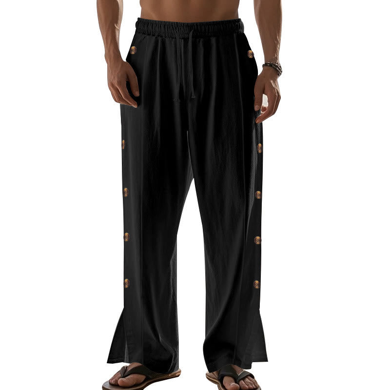 Buddha Stones Solid Color Side Buttons Men's Cotton Pants With Pockets
