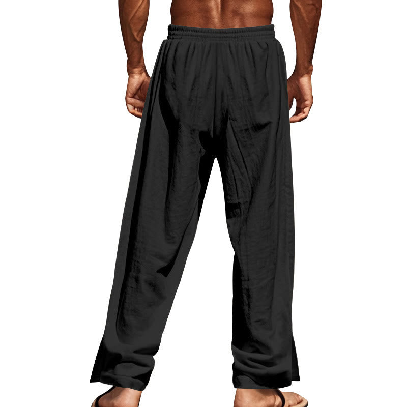 Buddha Stones Solid Color Side Buttons Men's Cotton Pants With Pockets