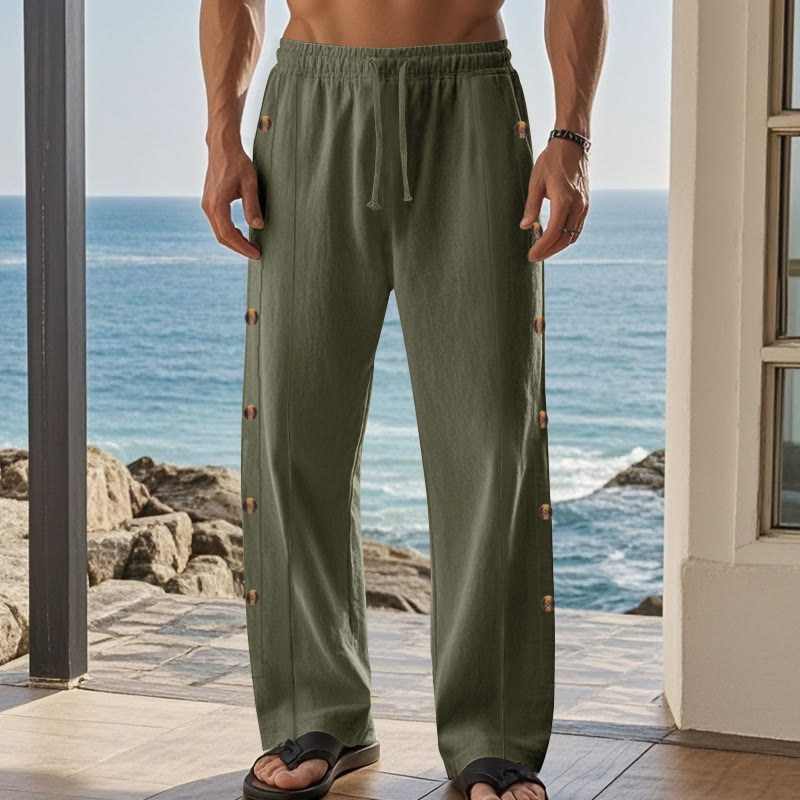 Buddha Stones Solid Color Side Buttons Men's Cotton Pants With Pockets