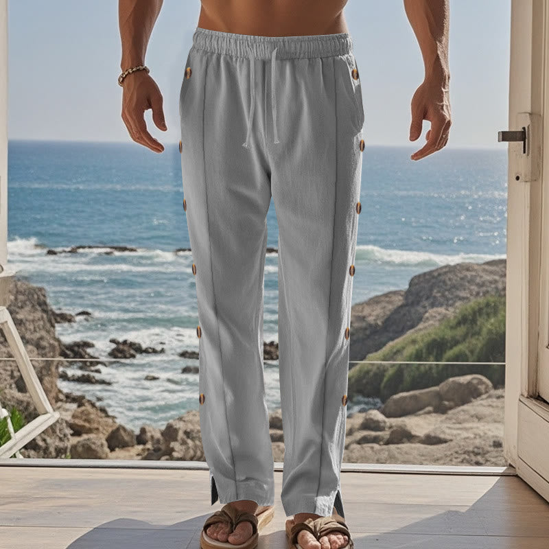 Buddha Stones Solid Color Side Buttons Men's Cotton Pants With Pockets