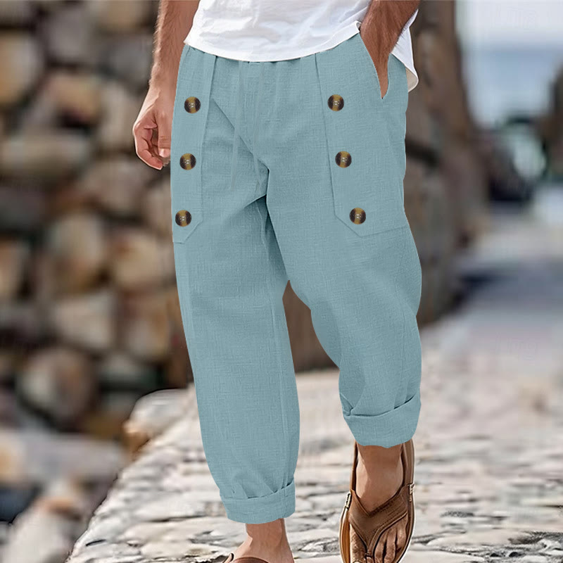 Buddha Stones Casual Plain Color Buttons Men's Cotton Pants With Pockets