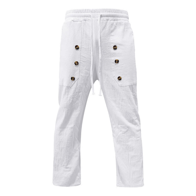 Buddha Stones Casual Plain Color Buttons Men's Cotton Pants With Pockets