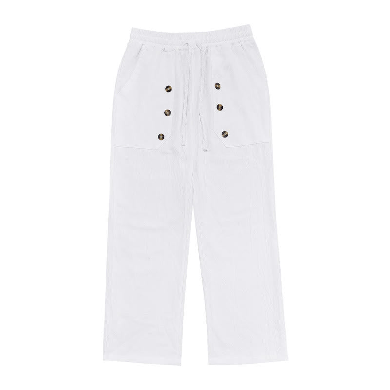 Buddha Stones Casual Plain Color Buttons Men's Cotton Pants With Pockets