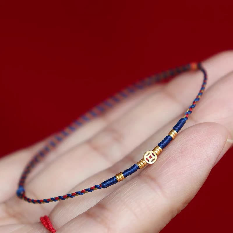 Buddha Stones Handmade Braided Red String Copper Coins Luck Bracelet