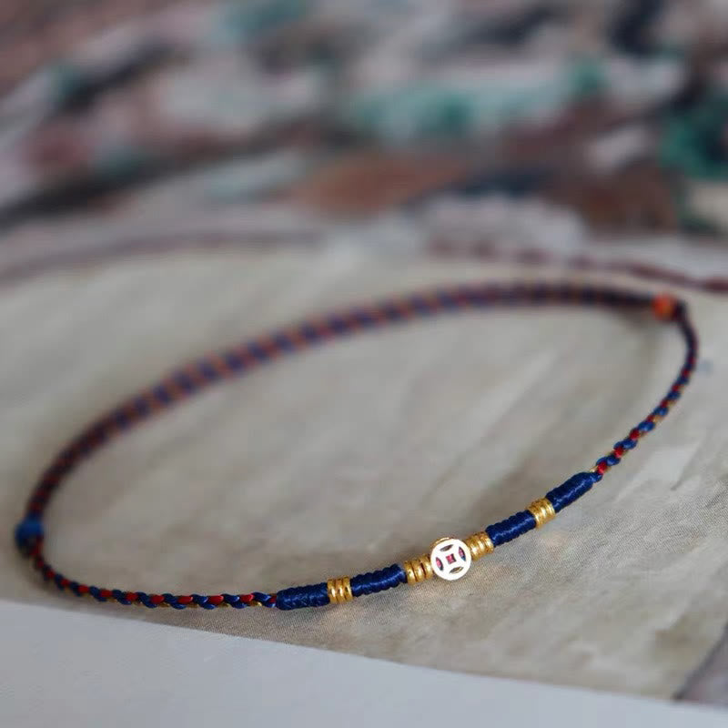 Buddha Stones Handmade Braided Red String Copper Coins Luck Bracelet