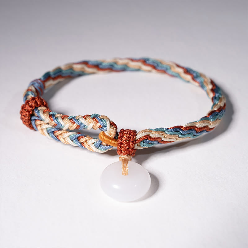 Buddha Stones Natural Hetian Jade Peace Buckle Protection Colored Rope Braided Bracelet