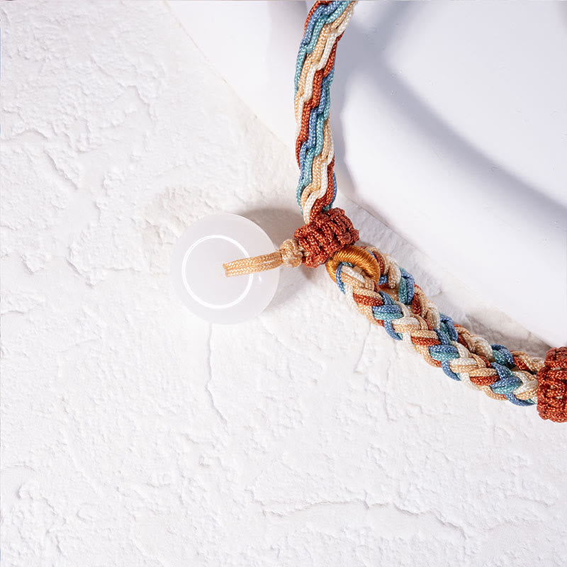 Buddha Stones Natural Hetian Jade Peace Buckle Protection Colored Rope Braided Bracelet