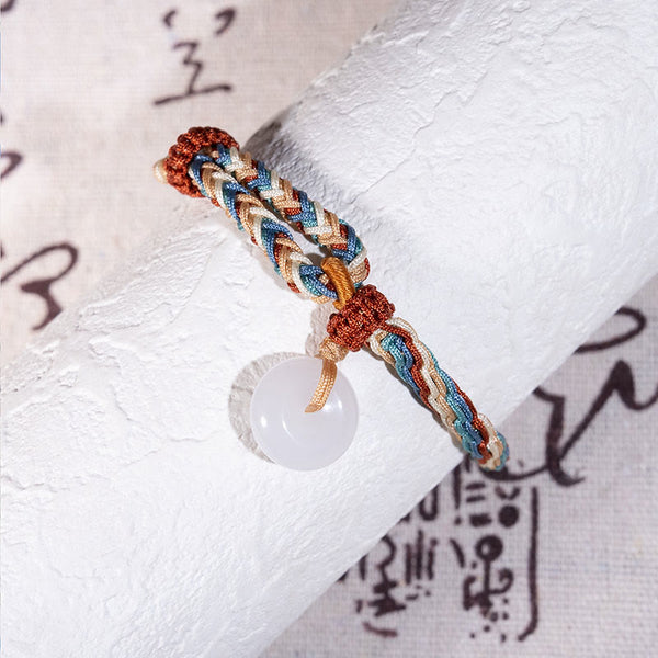 Buddha Stones Natural Hetian Jade Peace Buckle Protection Colored Rope Braided Bracelet