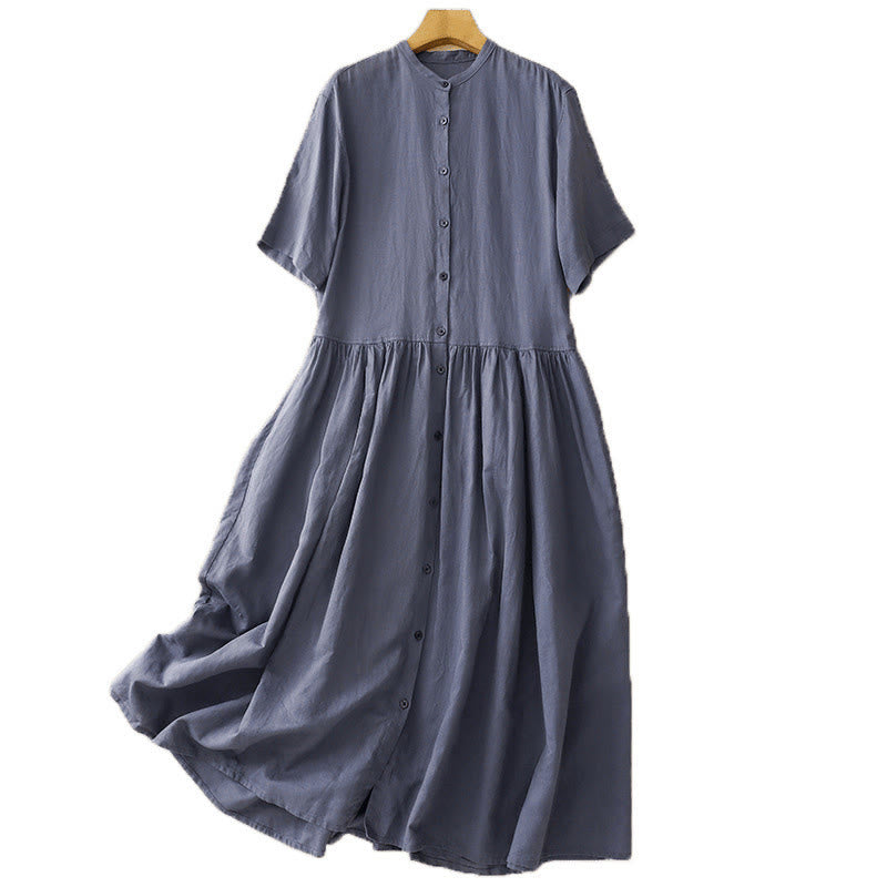 Buddha Stones Commute Pure Color Buttons Design Cotton Linen Midi Dress With Pockets