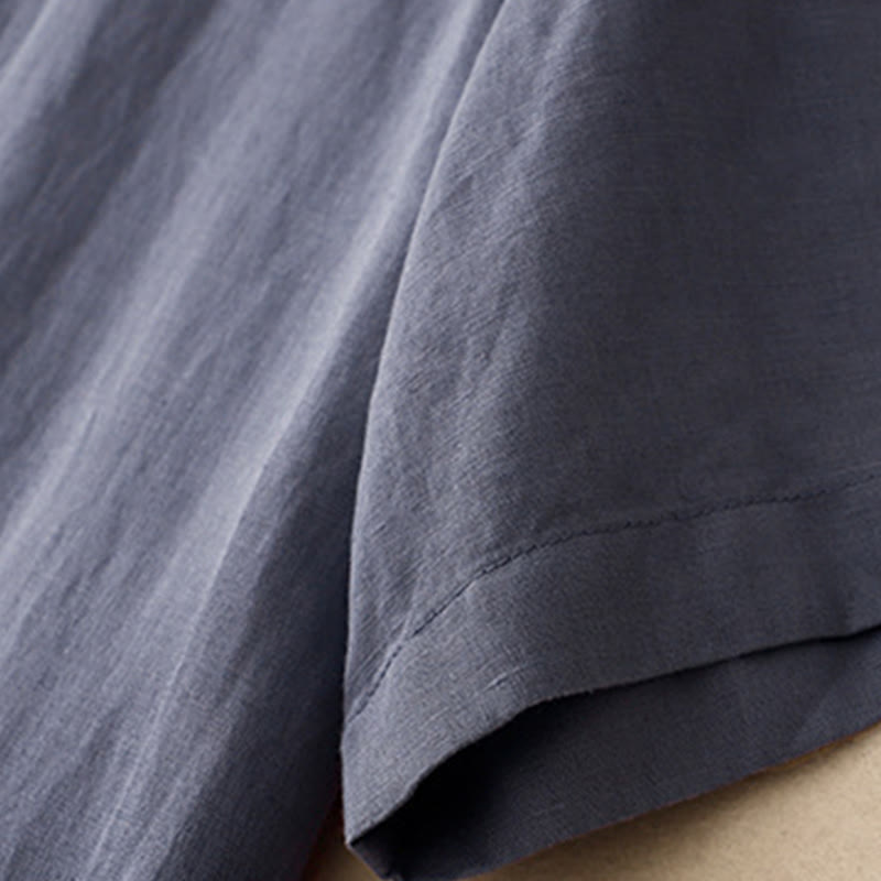 Buddha Stones Commute Pure Color Buttons Design Cotton Linen Midi Dress With Pockets