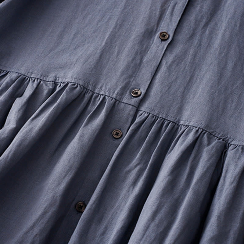 Buddha Stones Commute Pure Color Buttons Design Cotton Linen Midi Dress With Pockets