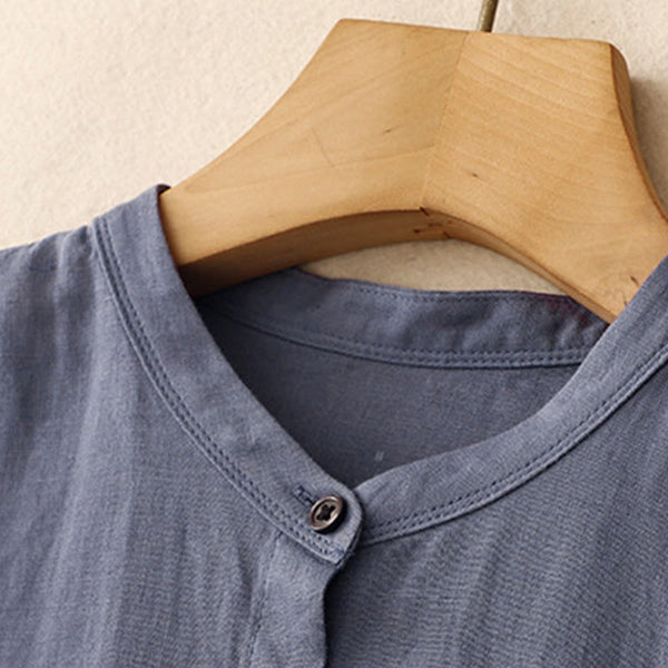 Buddha Stones Commute Pure Color Buttons Design Cotton Linen Midi Dress With Pockets