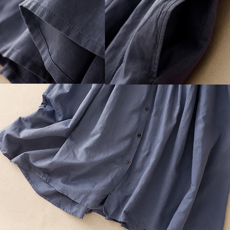 Buddha Stones Commute Pure Color Buttons Design Cotton Linen Midi Dress With Pockets