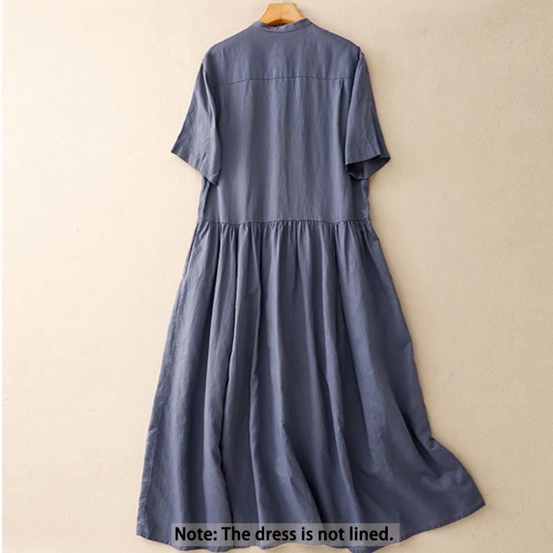 Buddha Stones Commute Pure Color Buttons Design Cotton Linen Midi Dress With Pockets