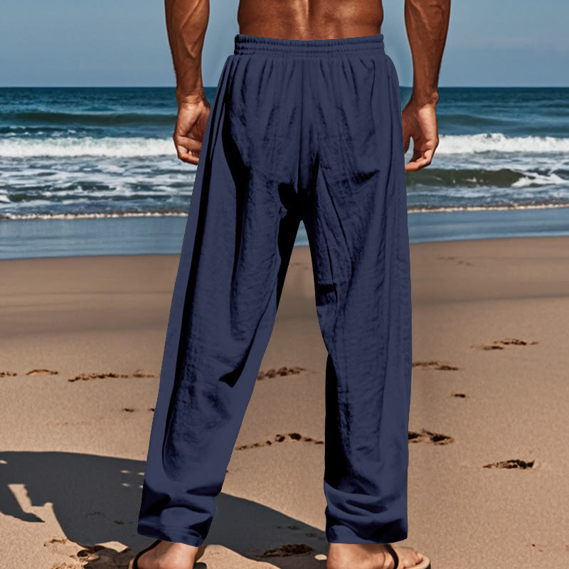 Buddha Stones Solid Color Buttons Drawstring Men's Cotton Pants With Pockets